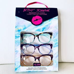 NWT 3 Pack +2.50 Betsey Johnson Premium Cat-Eye Reading Glasses Purple Olive Tan